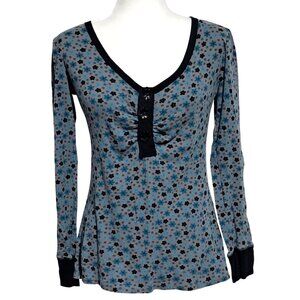 Y2K Anchor Blue Womens Floral V-Neck Long Sleeve Top XL 100% Cotton Gray & Black